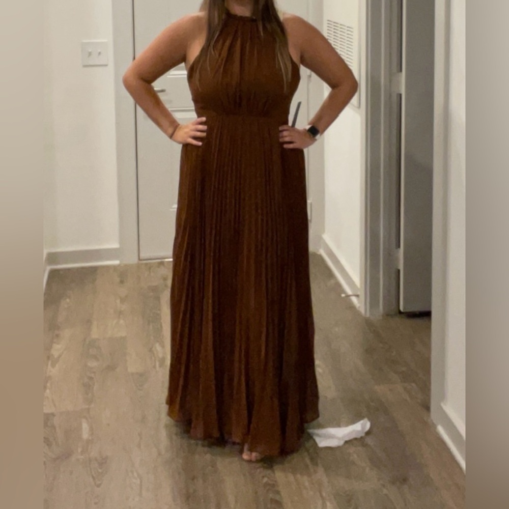 MELLODAY brown maxi chiffon formal dress halter style open back